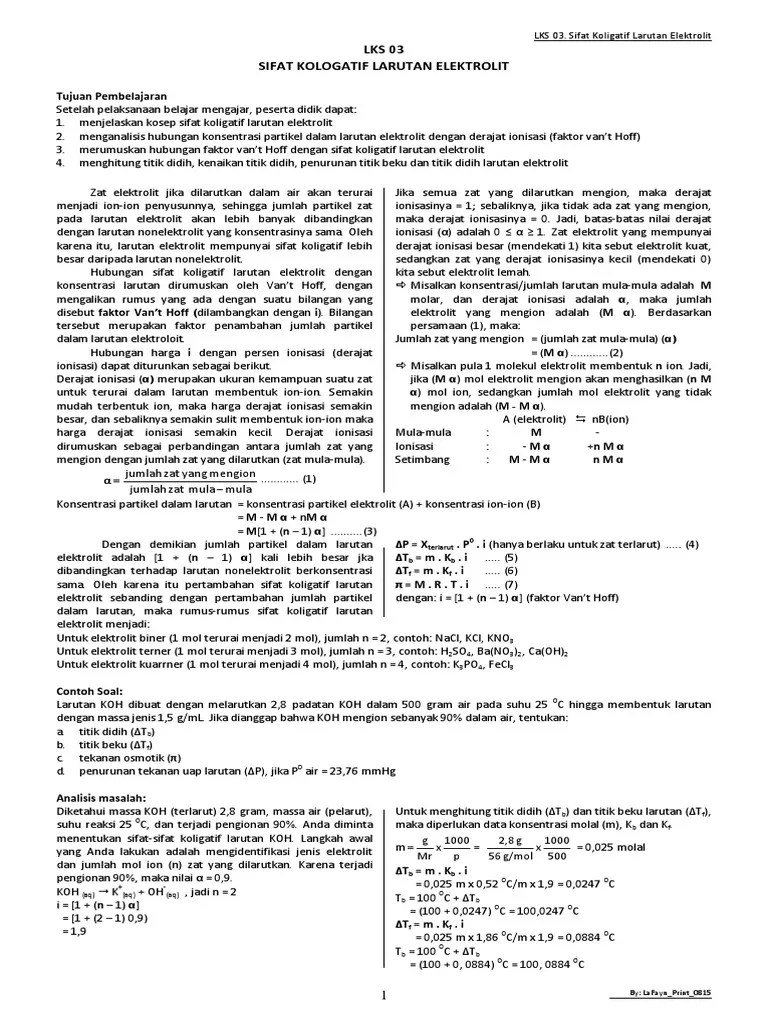 Jadi ini adalah bab i mapel kimia dikelas xii. Lks 3 Sifat Koligatif Larutan Elektrolit Pdf