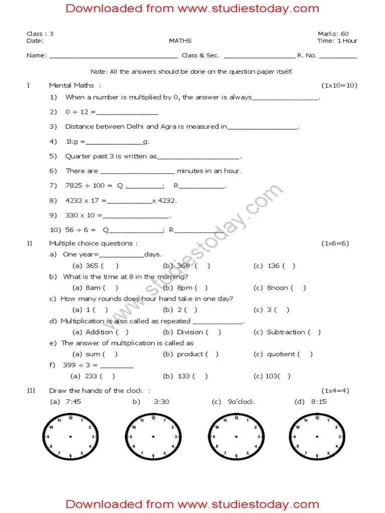 CBSE Class 3 Maths Sample Paper Set A | PDF | Multiplication ...
