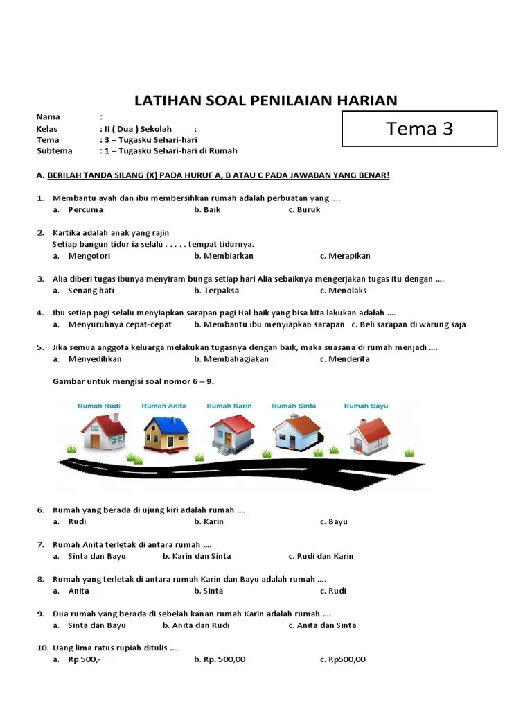 Soal Tematik Kelas 2 SD Tema 3 Subtema Tugasku Sehari-Hari Di Rumah | PDF