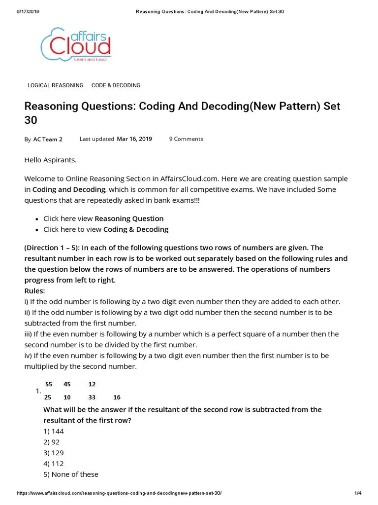 Reasoning Questions - Coding And Decoding (New Pattern) Set 30 | PDF ...