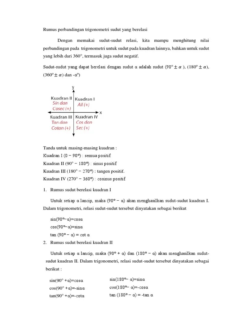 Sudut berelasi dan identitas trigonometri. Rumus Perbandingan Trigonometri Sudut Yang Berelasi Pdf