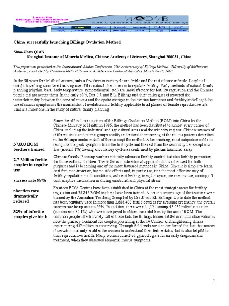 China Successfully Launching Billings Ovulation Method | PDF | Infertility | Fertility