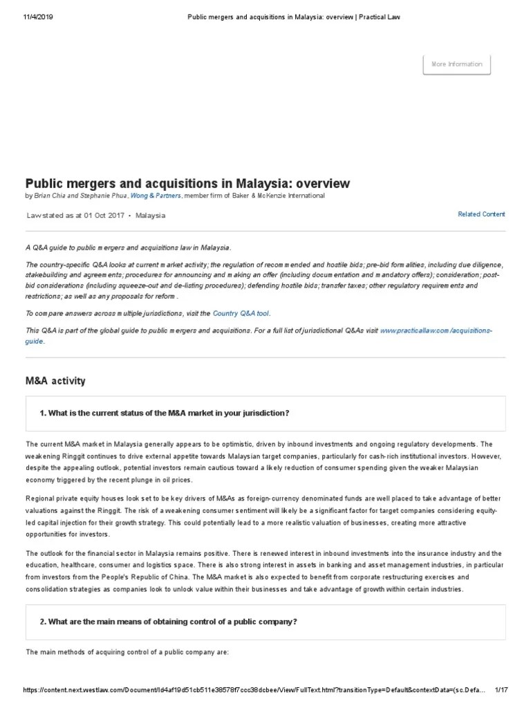 Public Mergers And Acquisitions In Malaysia - Overview - Practical Law ...