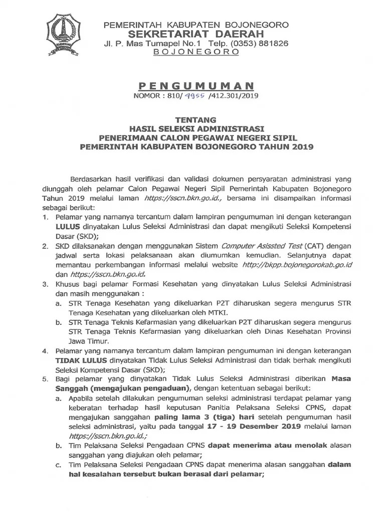 Pengumuman Hasil Administrasi Kab Bojonegoro | PDF