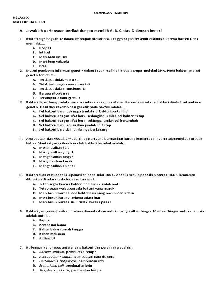 Materi, contoh soal, soal latihan dan soal evaluasi. Soal Uh Bab 4 Bakteri Kelas X Pdf