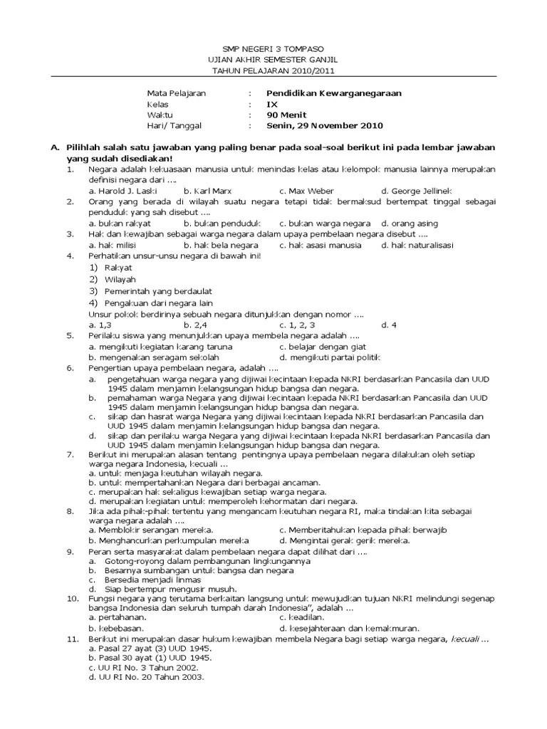 Contoh soal pas matematika kelas 9 smp tahun 2020/2021 semester 1,2 ipa/ips dan kunci jawabannya/cara pembahasanya kurikulum 2013 bilangan . Pkn Soal Uas Ganjil Kelas 9 Smp Pdf