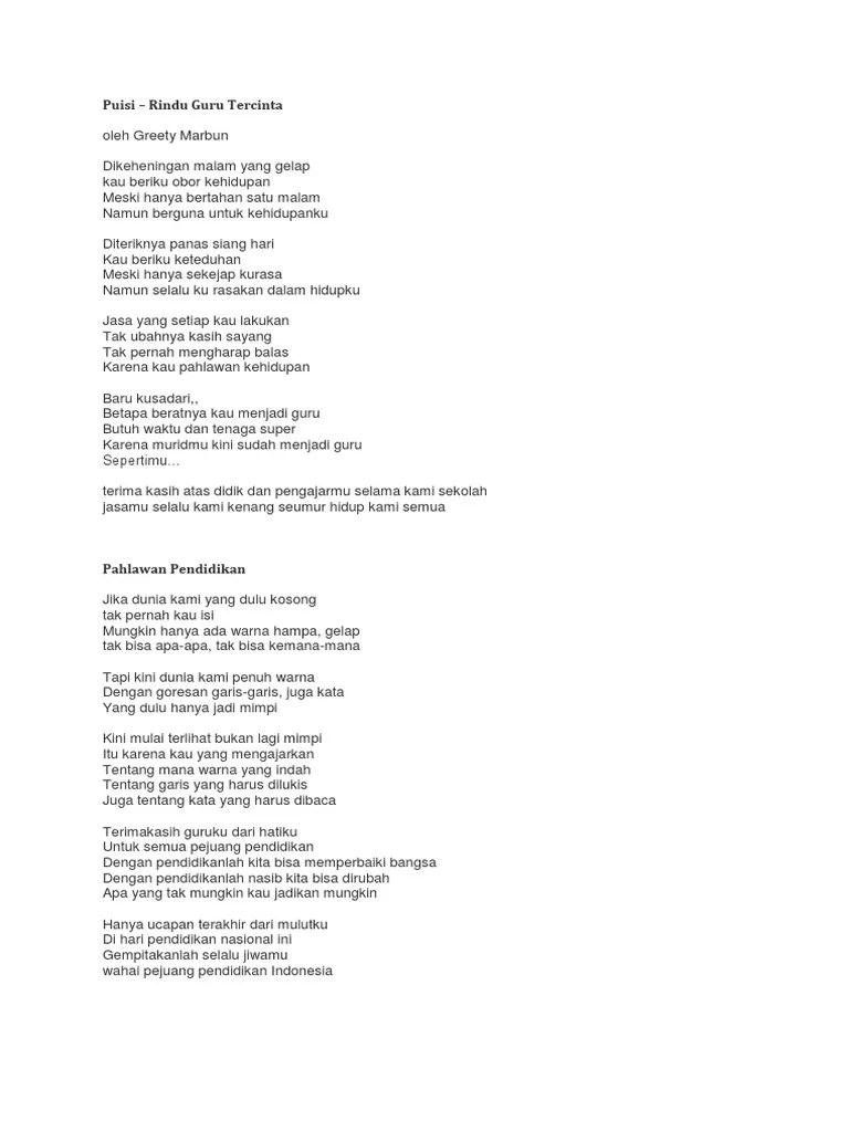 Berikut adalah puisi yang dapat kamu bersembahkan untuk guru, sebagai wujud rasa terima kasih atas bimbingan dan arahannya. Puisi Pdf