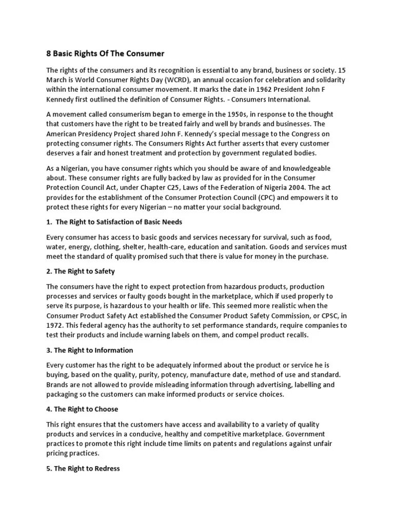 Basic Rights of A Consumer  PDF  Consumer Protection  Brand.