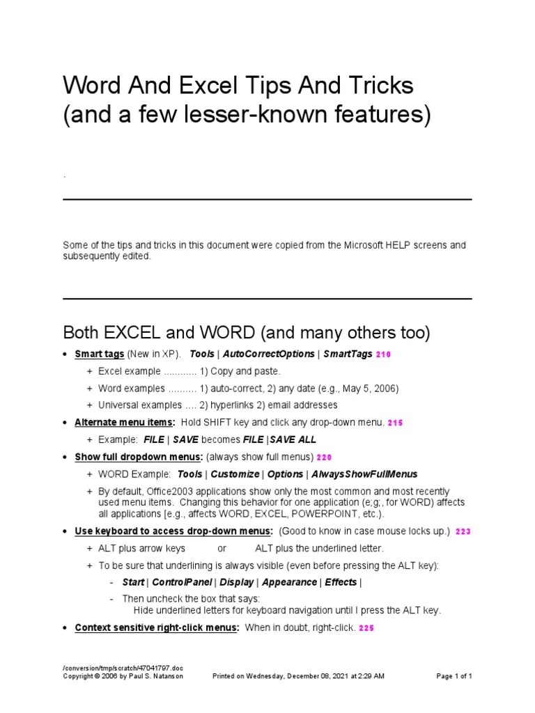 Word And Excel Tips And Tricks | PDF | Microsoft Excel | Microsoft Word