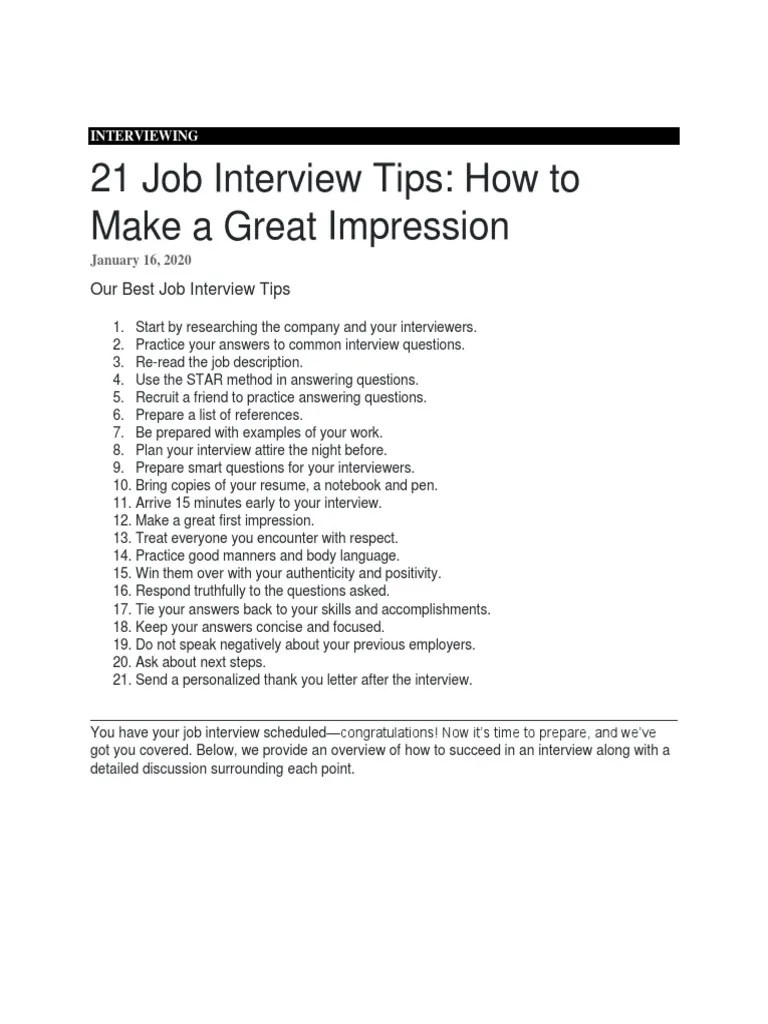 How To Make A Great Impression In A Job Interview | PDF | Job Interview ...