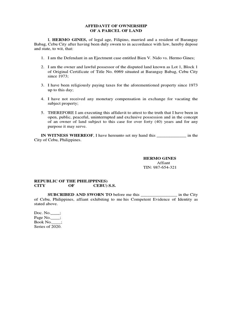 Affidavit of ownership of parcel of land