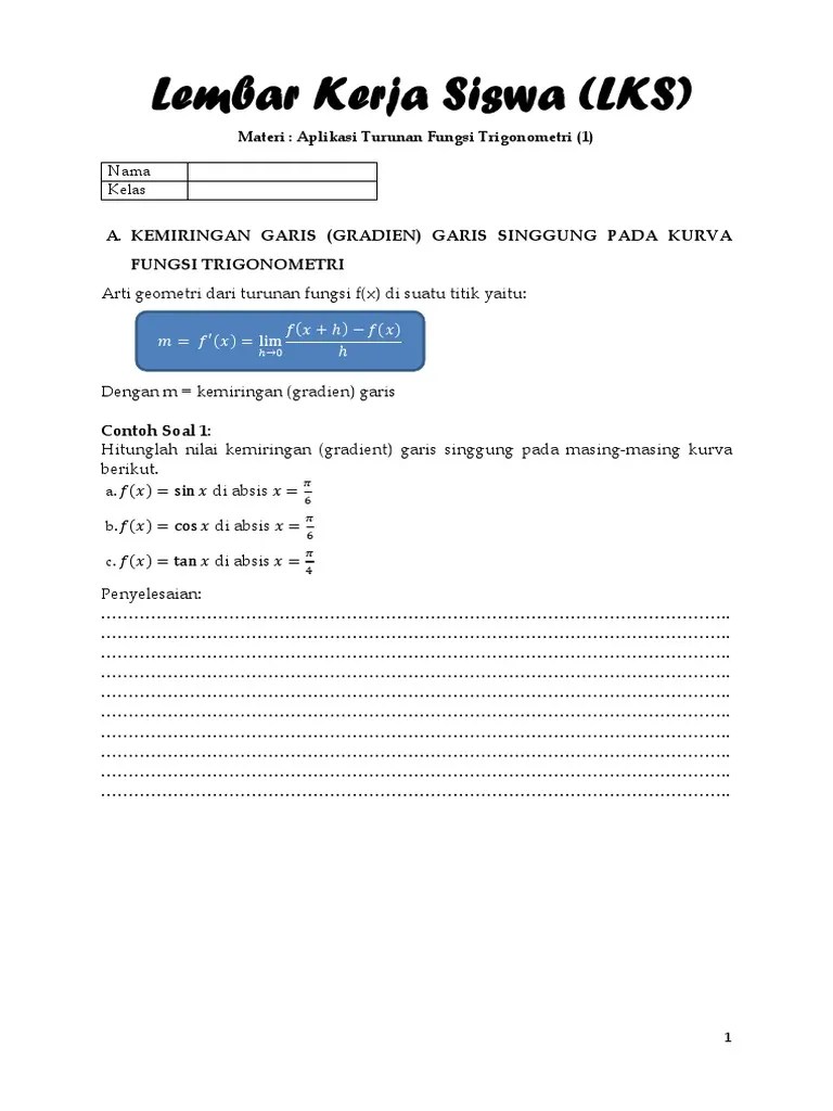 LKS Aplikasi Turunan Fungsi Trigonometri 1 | PDF