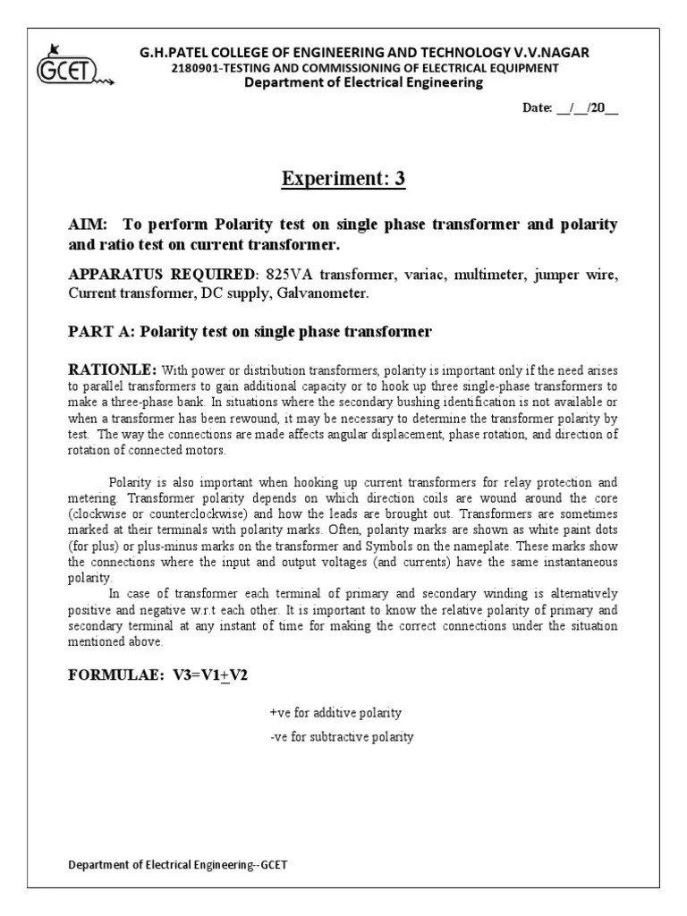 EXP-3 To Perform Polarity Test On Single Phase Transformer And Polarity | PDF | Transformer ...