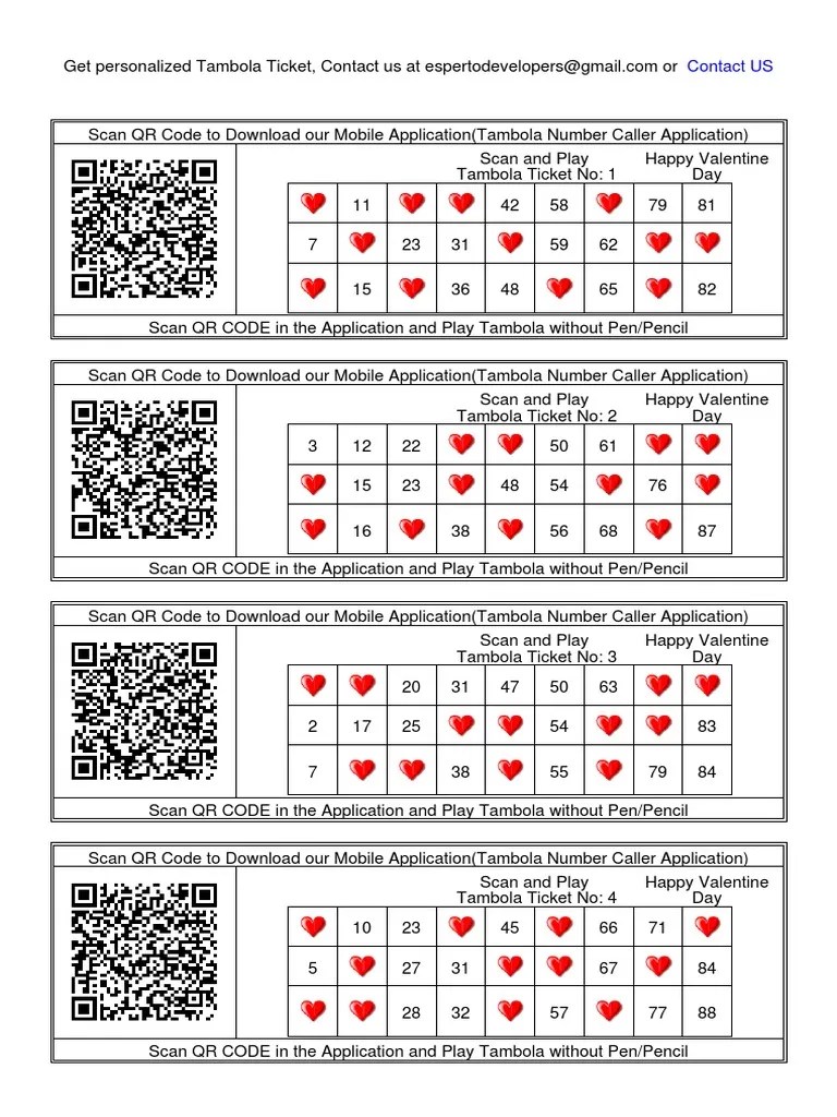 200 tambola tickets printable free valentine theme qr code