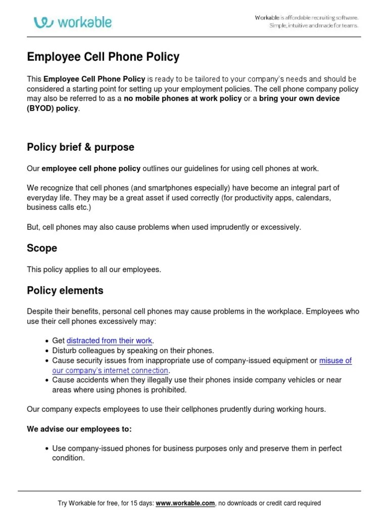 Cell Phone Policy | PDF | Mobile Phones | Employment