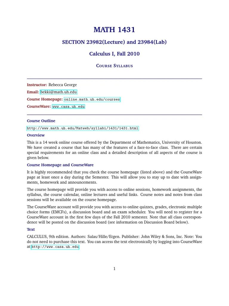 MATH 1431: SECTION 23982 (Lecture) And 23984 (Lab) Calculus I, Fall 2010 | PDF | Internet Forum ...