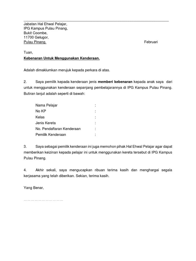 Borang arahan kerja lebih masa ben/ugp/004: Surat Kebenaran Pemilik Kenderaan Pdf