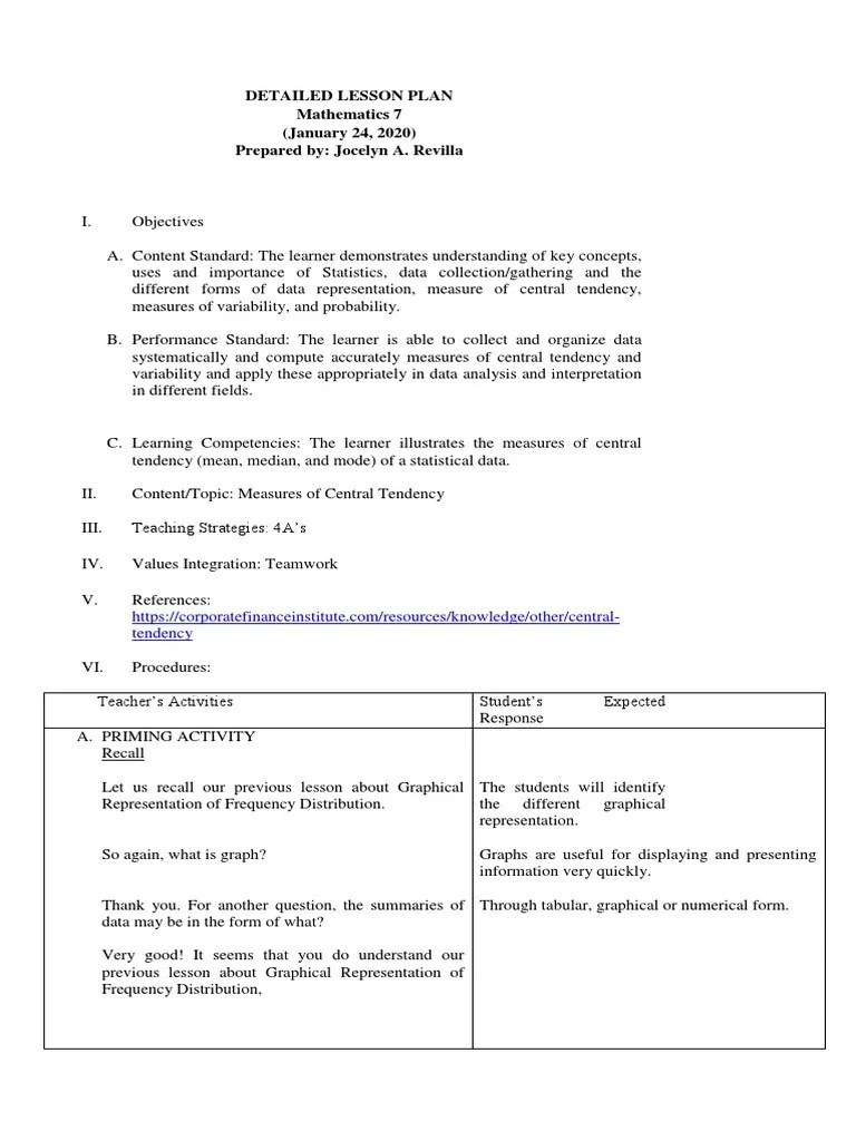 Detailed Lesson Plan In Mathematics | PDF | Arithmetic Mean | Median