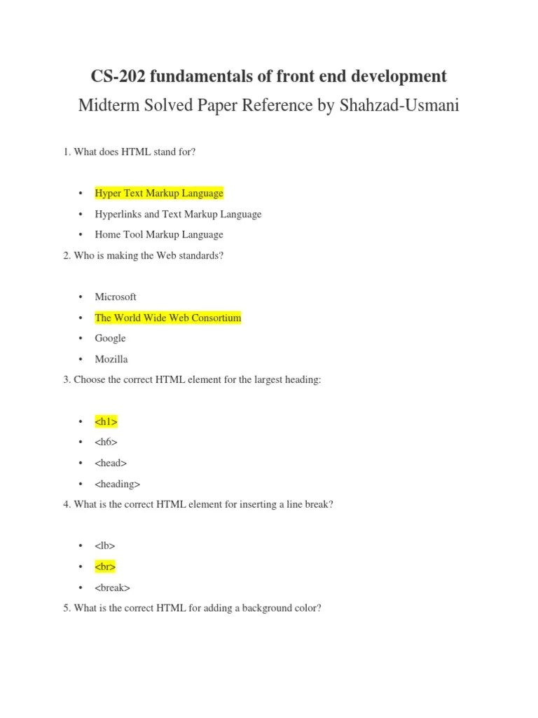 CS202 Solved Past Mid Term Papers | PDF | Html | Html Element