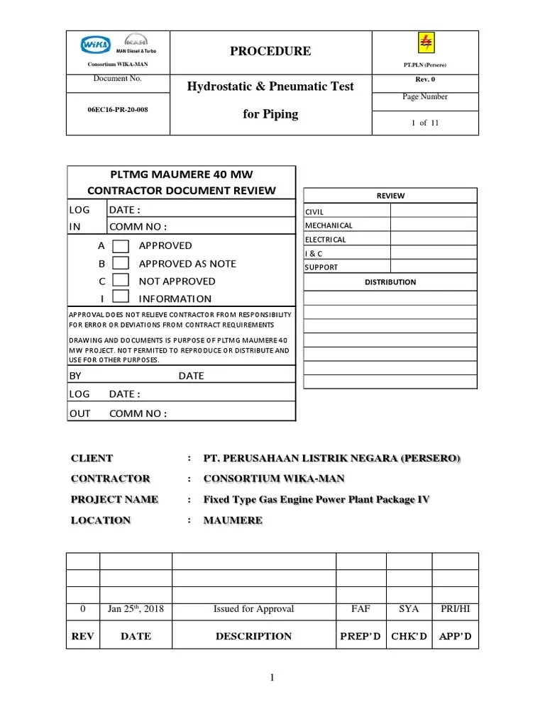 Hydrostatic Pneumatic Testing Procedure Pdf Leak Pipe Fluid