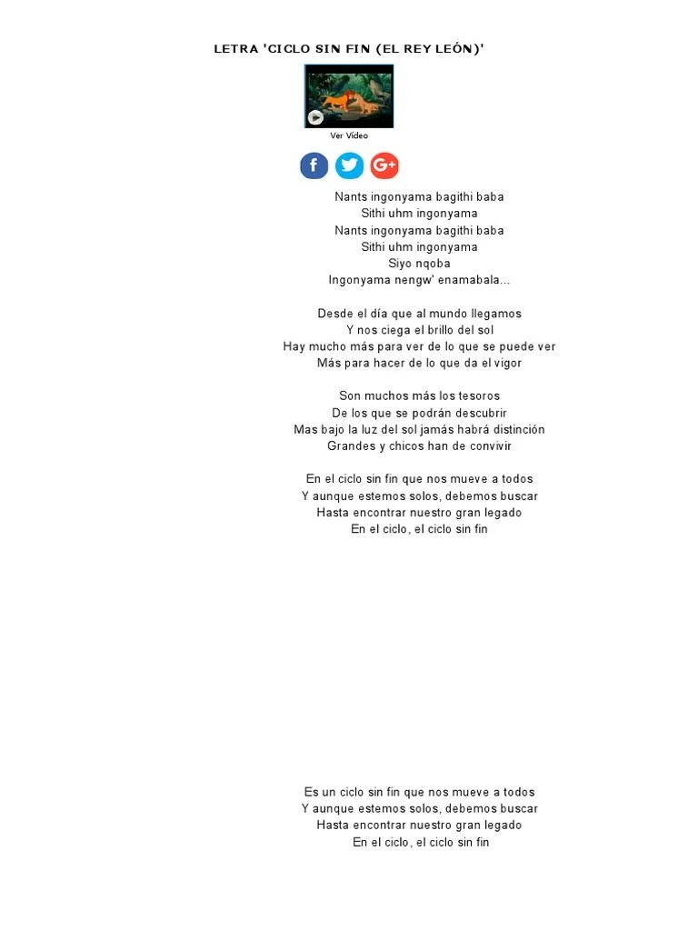 Letra De Ciclo Sin Fin (El Rey León) De Disney - MUSICA | PDF