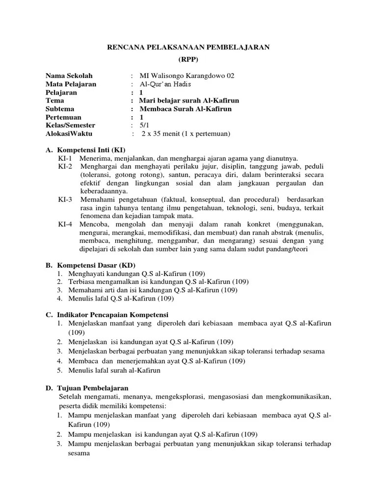 RPP Membaca Surat Al-Kafirun | PDF