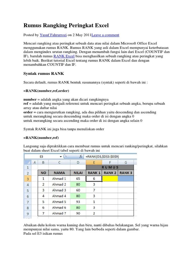 Bagaimana mudah bukan melakukan ranking di excel manggunakan rumus ranking excel? Rumus Rangking Peringkat Excel Pdf