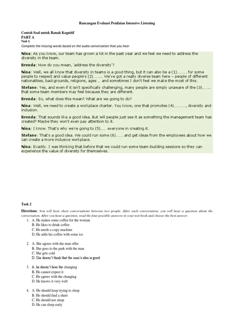 Dialogues (dialog) → listening for un dan toefl; Rancangan Evaluasi Penilaian Intensive Listening Pdf Epistemology Cognition