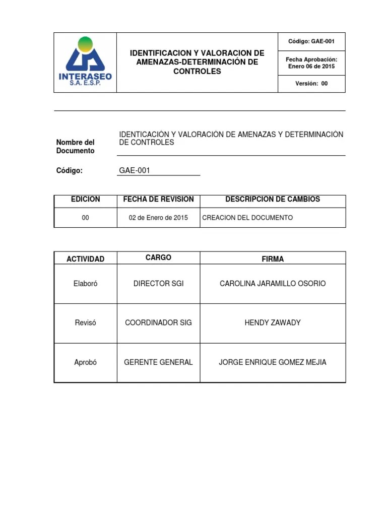 GAE-001 IDENTIFICACION Y VALORACION DE AMENAZAS (Analisis De Vulnerabilidad) | PDF ...