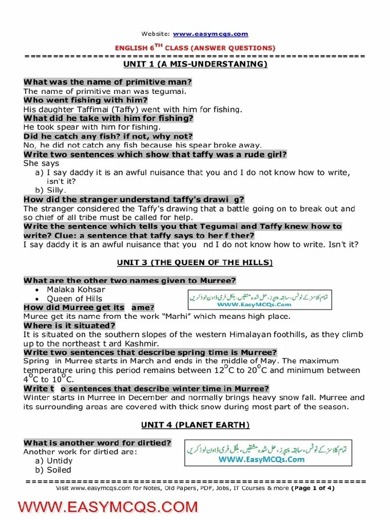 6th Class English Question Answer Notes PDF | PDF
