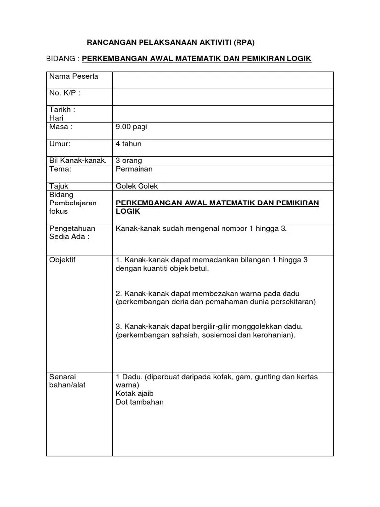 Bidang pembelajaran fokus perkembangan fizikal dan psikomotor. Rpa Matematik Pdf