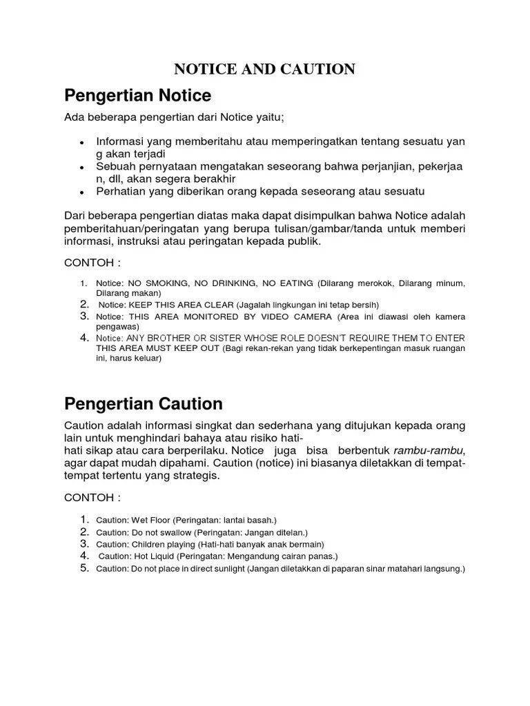 Membahas tentang pengertian, contoh serta perbedaan antara notice, caution dan warning dalam bahasa inggris akan sedikit membingungkan namun . Kelas 7 Notice And Caution Pdf