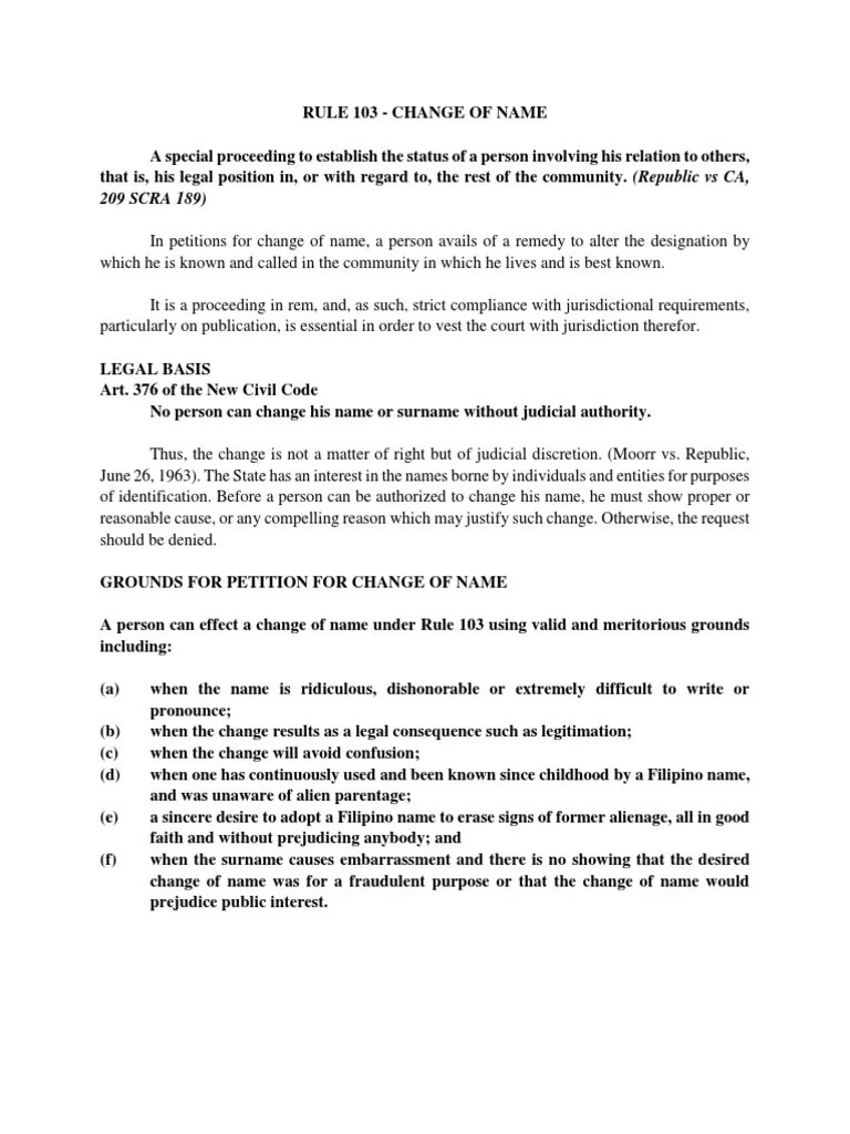 RULE 103 Change Of Name | PDF