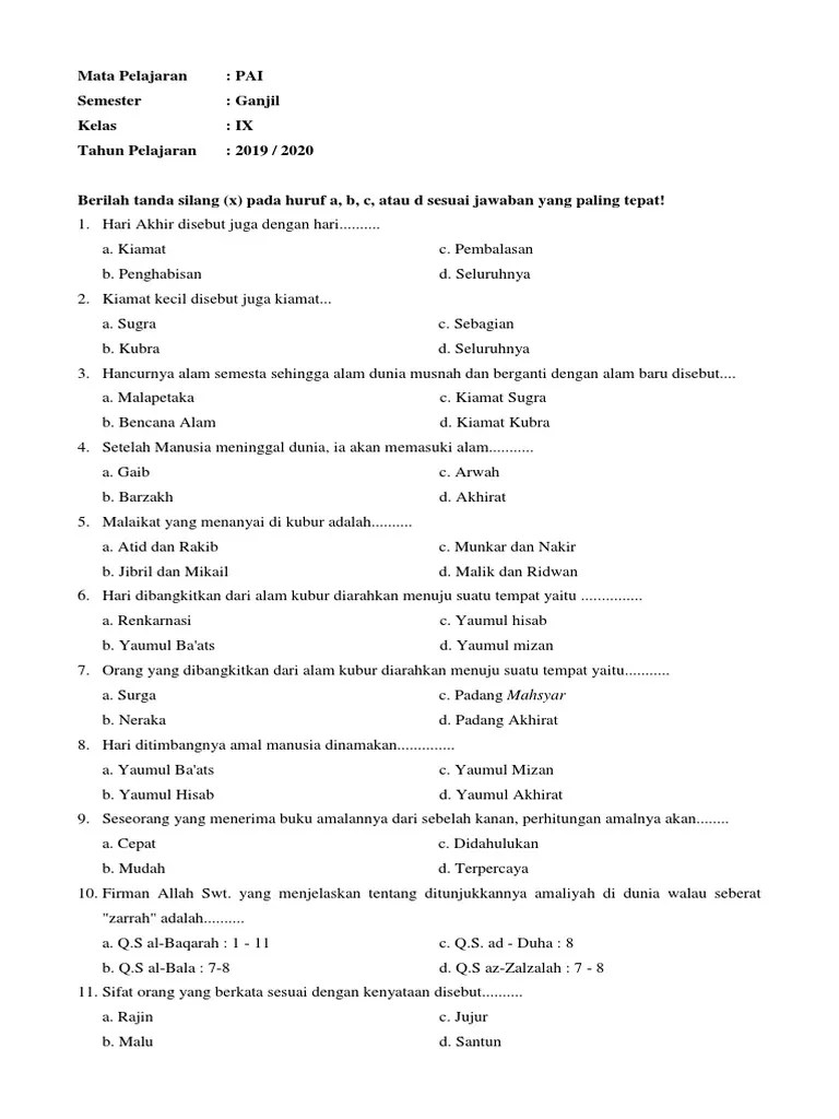 Hari ditimbangnya amal manusia dinamakan. Soal Agama Islam Kelas 9 Pdf