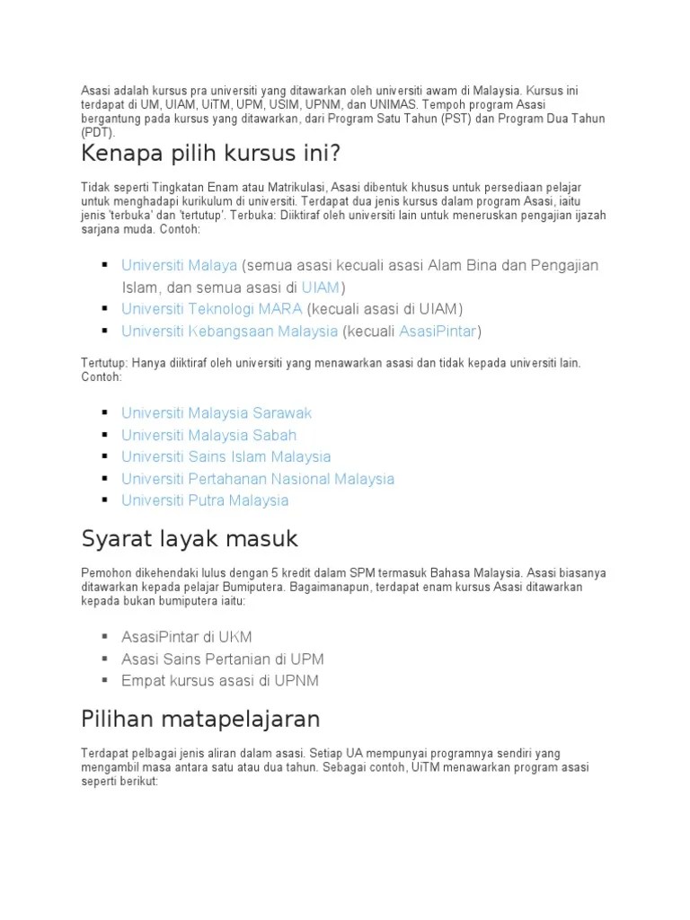 Bagi memudahkan pelajar membuat permohonan, berikut dikongsikan kursus yang ditawarkan di uitm. Asasi Universiti Awam Di Malaysia 2019 Pdf
