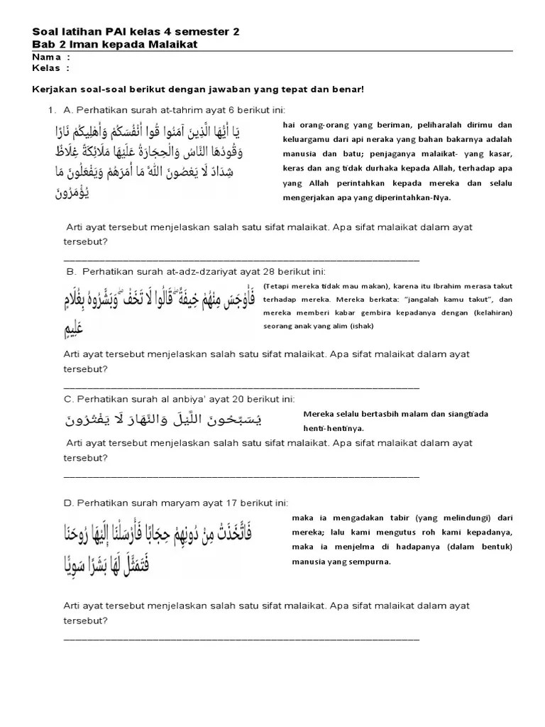 Soal Latihan PAI Iman Kepada Malaikat Kelas 4 Semester 2 | PDF
