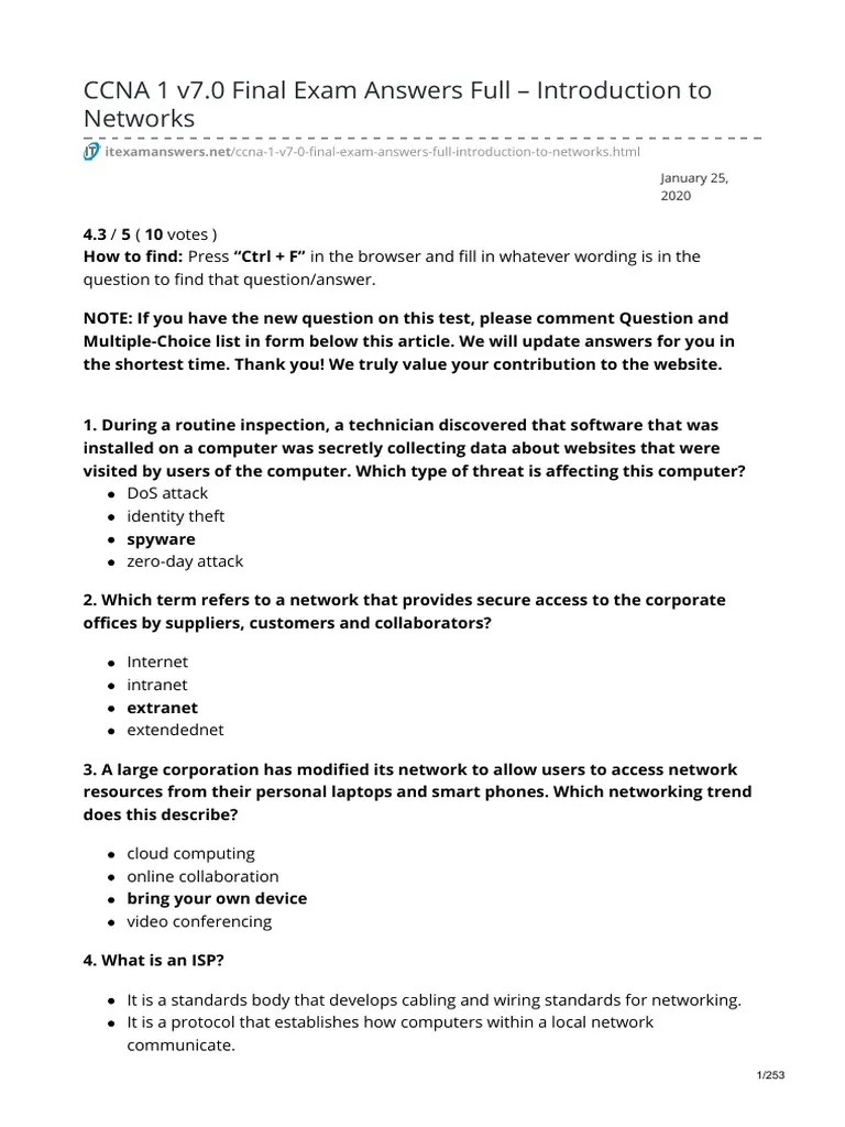 CCNA 1 V70 Final Exam Answers Full Introduction To Networks | Download ...