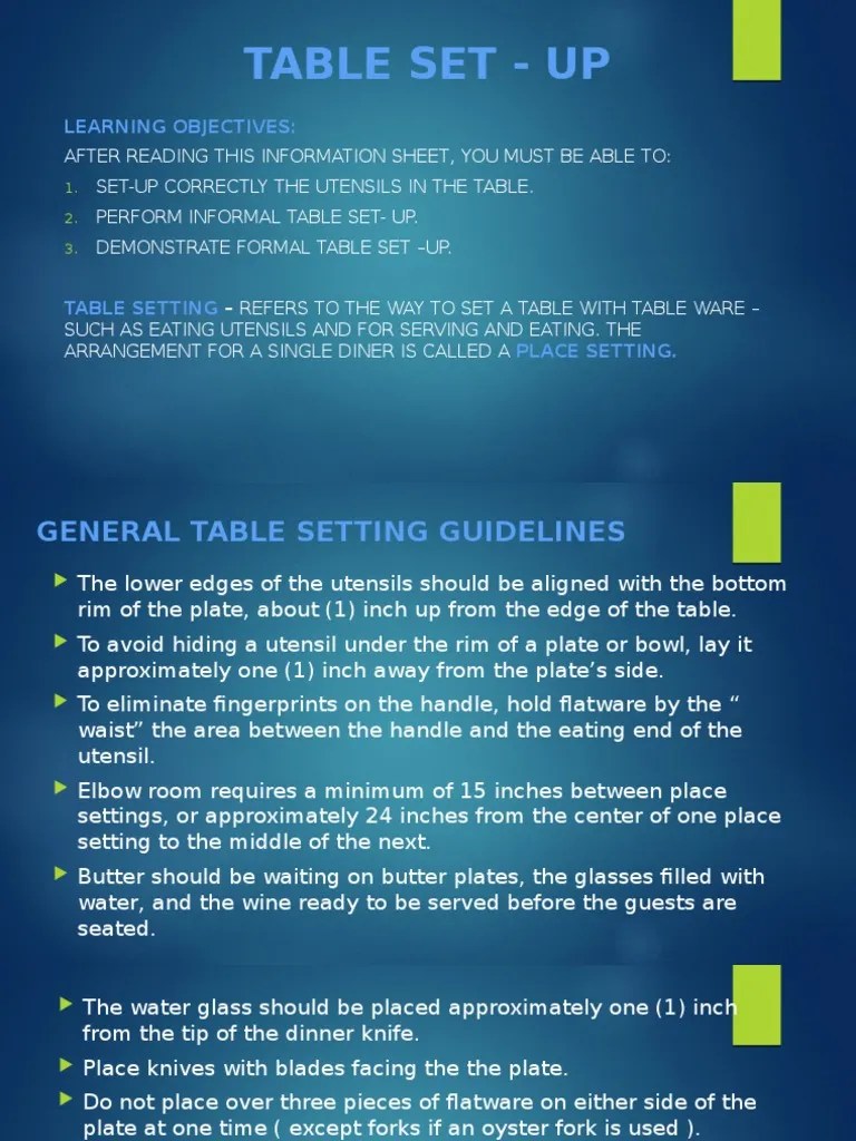 TABLE SET - UP Lesson 2 | PDF | Tableware | Domestic Implements