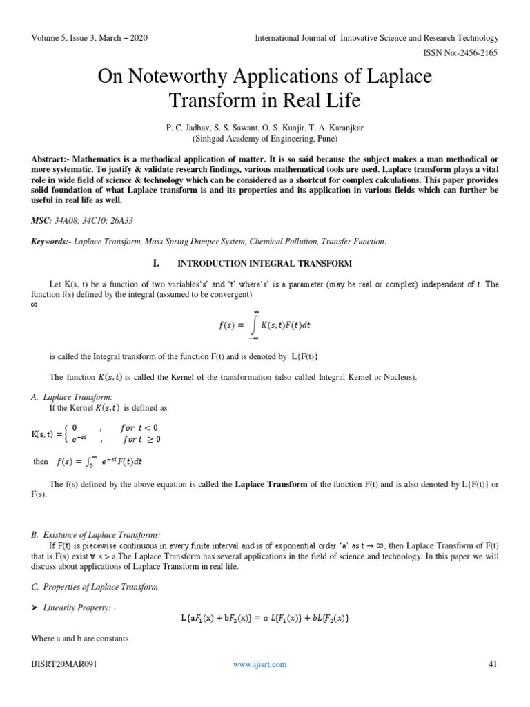 On Noteworthy Applications Of Laplace Transform In Real Life | PDF | Laplace Transform | Fluid ...