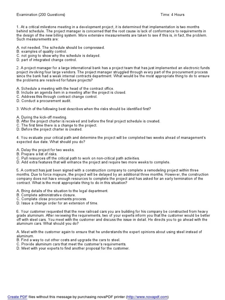 PMP Sample Exam Questions | PDF | Project Management | Risk