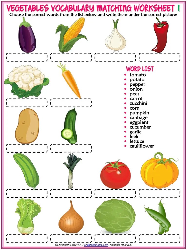 vegetables vocabulary esl matching exercise worksheets for kids pdf vegetables vegan cuisine