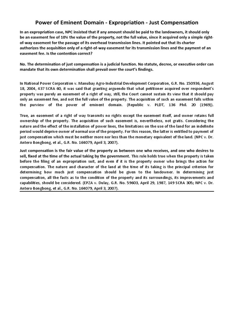 Eminent Domain - Just Compensation Cannot Be Limited To Easement Fee | PDF | Eminent Domain ...
