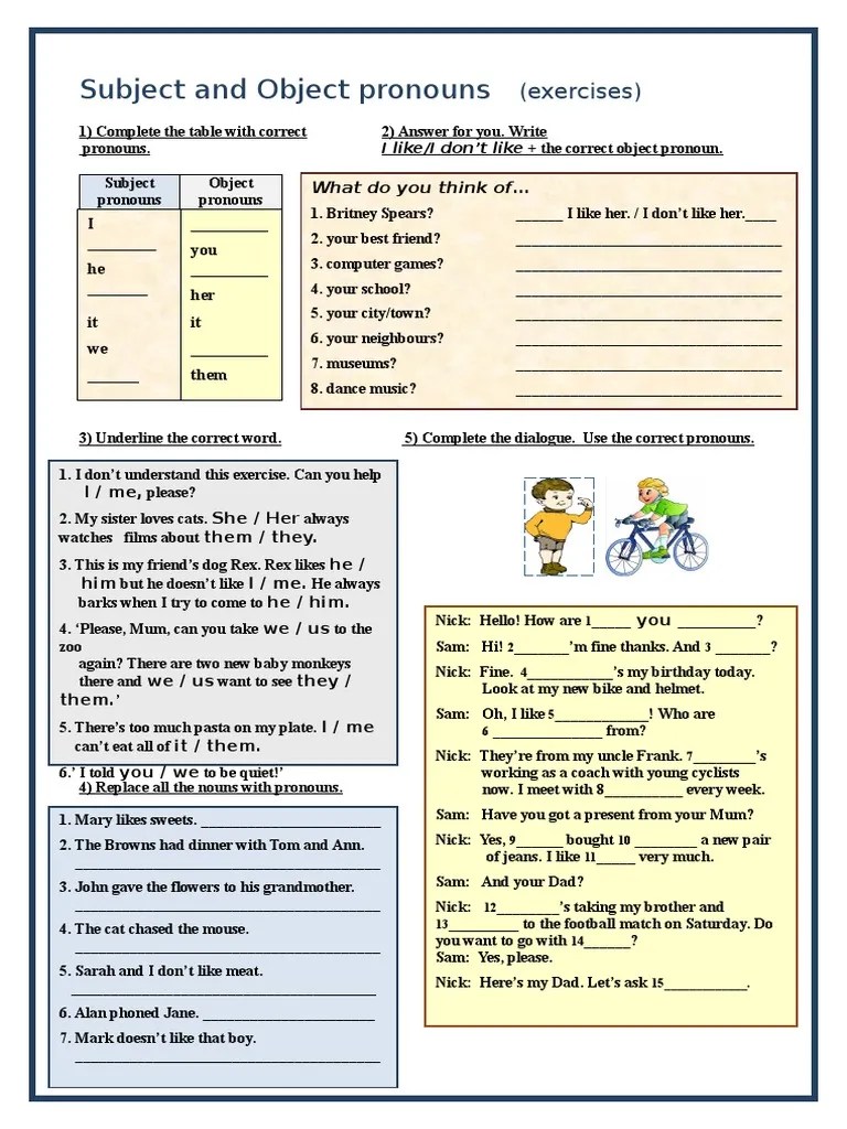 Practise using the english subject and object pronouns with this free online exercise. Subject And Object Pronouns Exercises Grammar Drills Warmers Coolers 90661 Pdf Languages Language Arts Discipline