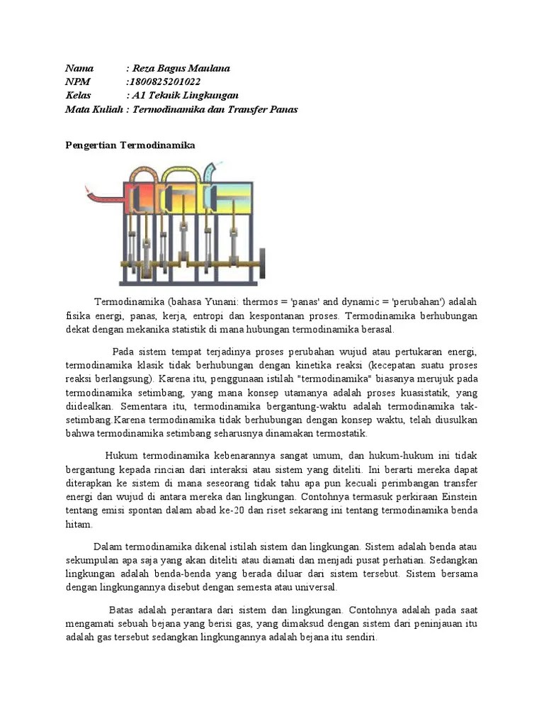 Contohnya tabung gas yang terisolasi. Tugas Termodinamika Reza Bagus Maulana Docx