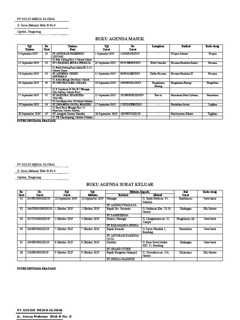 Buku agenda no nomor surat tanggal surat dari dikirim kepada perihal lamp ket file 1 17/smdn/iv/2015 17 april 2015 juniar kristanti direktur bapak ahmad . Contoh Buku Agenda Pdf