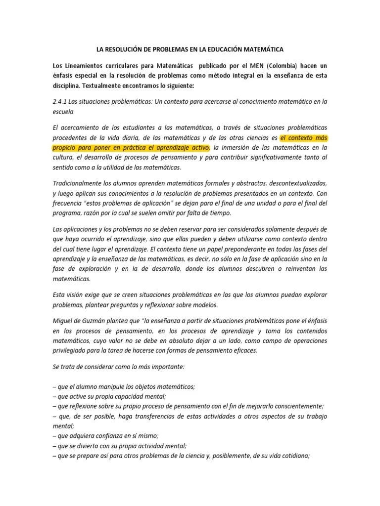Piensa responde y diviertete creado en 14102018 por patricia. La Resolucion De Problemas En La Educacion Matematica Ensenanza De Matematica Conocimiento