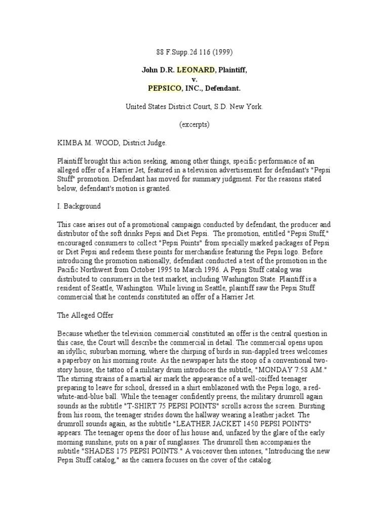 Leonard V. Pepsico, 1999 | PDF | Summary Judgment | Offer And Acceptance