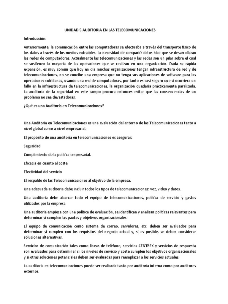 Unidad 5 Auditoria En Las Telecomunicaciones | PDF | La Seguridad Informática | Seguridad