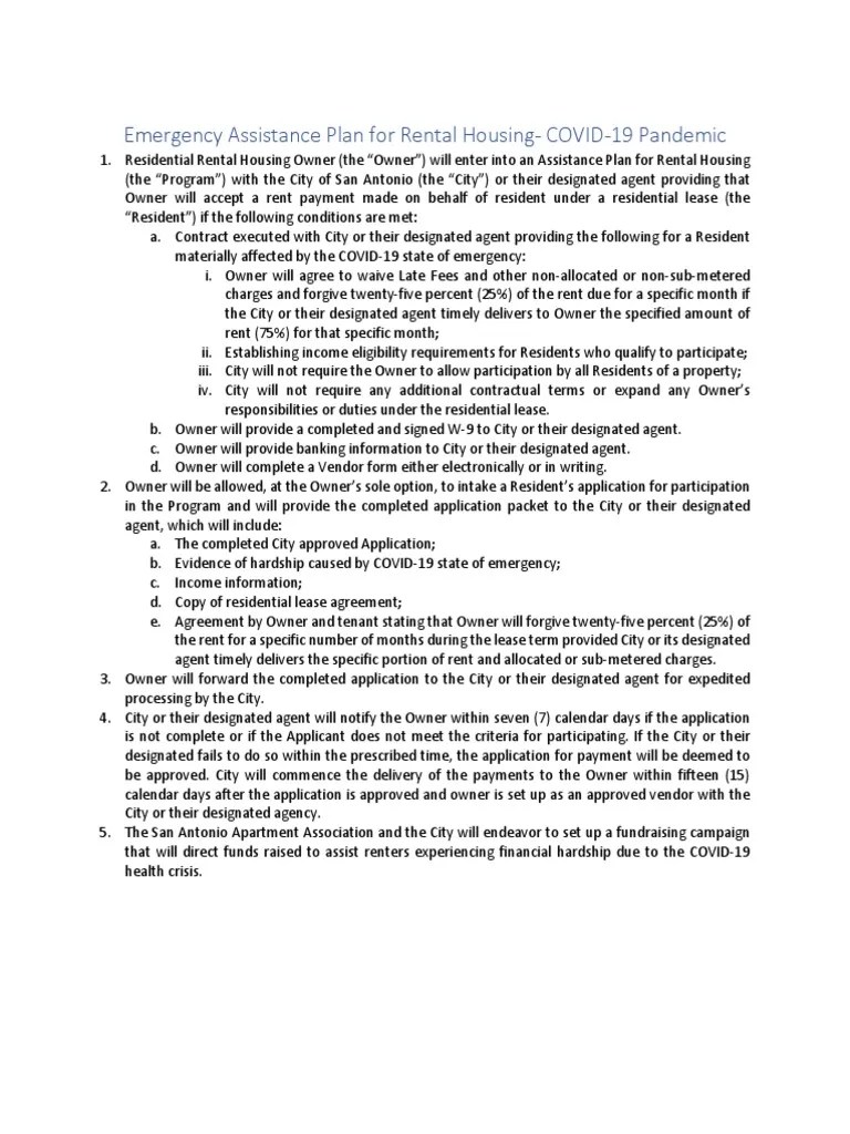 Emergency Assistance Plan For Rental Housing - COVID-19 | PDF | Renting | Lease