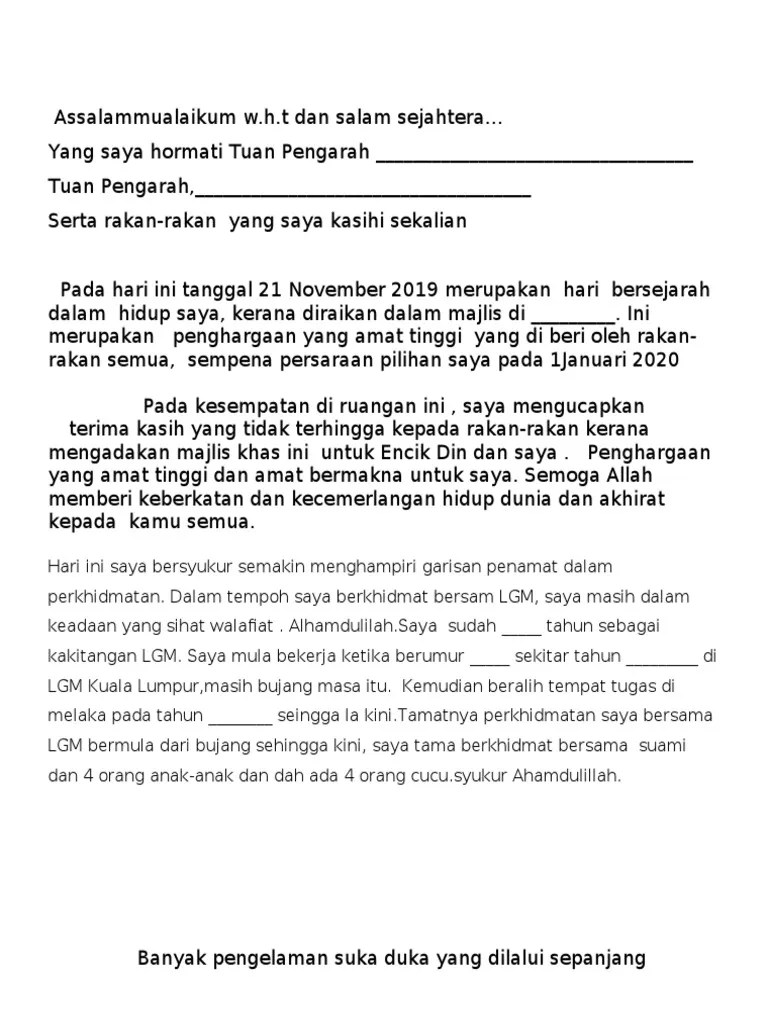 Teks ucapan majlis perpisahan persaraan yang berusaha dan dihormati 1. Teks Ucapan Majlis Perpisahan Persaraan Pdf